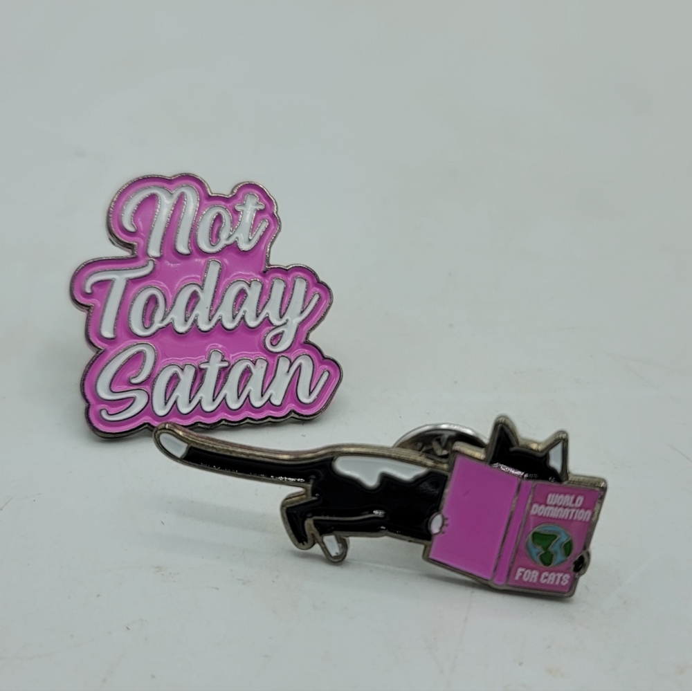 Funny Cat & Not Today Satan Enamel Pin Set Humor Goth Gift Lapel Accessory